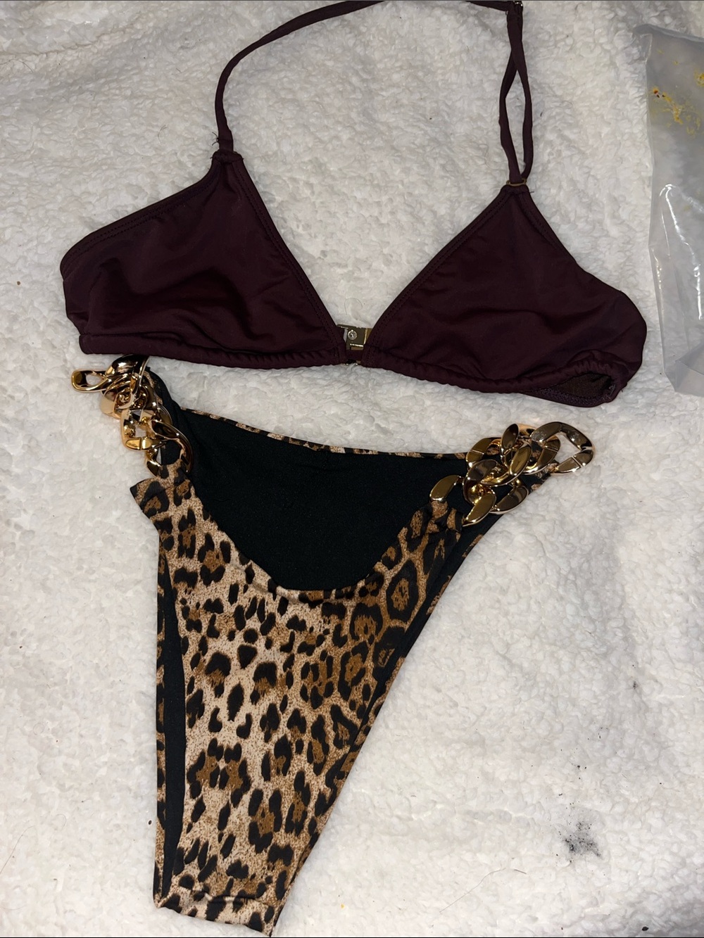 Burgundy Triangle Bikini Top with Leopard Chain-Accent Bottom